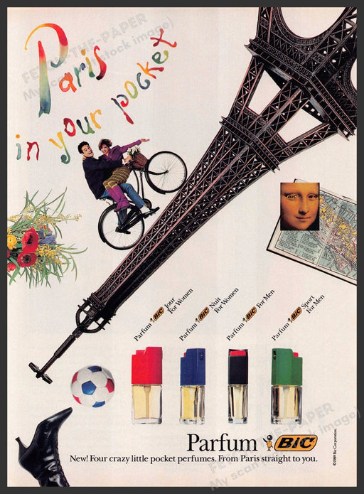 Bic Parfum 1980s Print Advertisement 1989 Paris in your pocket (Not the perfume) Bic Parfum