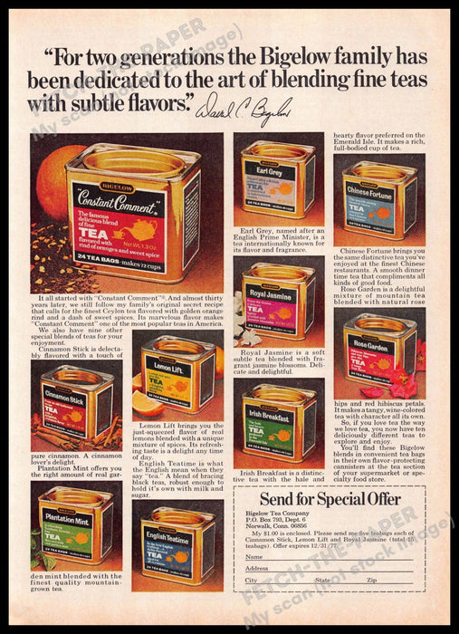 Bigelow 1970s Print Advertisement 1977 Fine Teas Special Offer Bigelow