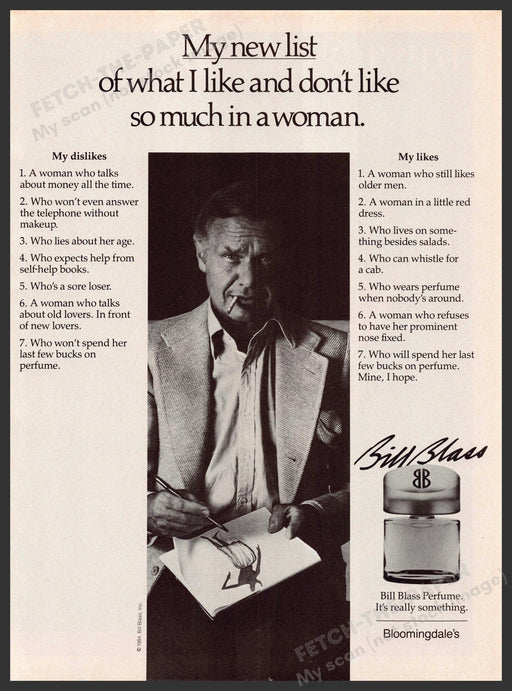 Bill Blass 1980s Print Advertisement 1984 New Woman List Likes & Don't Likes Bill Blass
