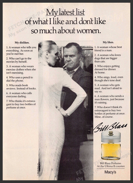 Bill Blass 1980s Print Advertisement 1985 List About Women (Not the product) Bill Blass
