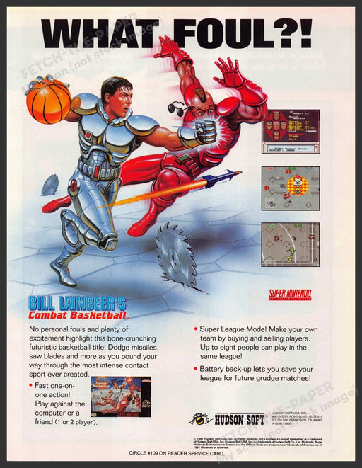 Bill Laimbeer's Combat Basketball Video Game 1990s Print Advertisement 1991 Bill Laimbeer's Combat Basketball