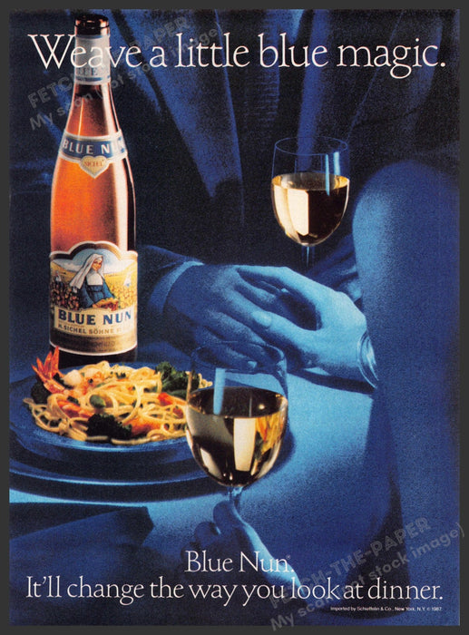 Blue Nun Wine 1980s Print Advertisement 1987 "Weave a little blue magic" Blue Nun