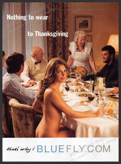 Bluefly 2000s Print Advertisement 2007 Thanksgiving Table Bare Fetch-the-Paper
