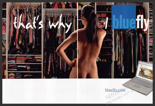 Bluefly Clothing Online 2000s Print Advertisement (2 pages) 2005 Bare Back Fetch-the-Paper