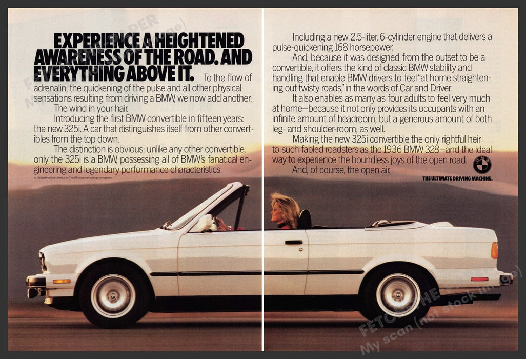 BMW 325i Car 1980s Print Advertisement (2 Page) Ad 1987 "Flow of adrenalin" Fetch-the-Paper