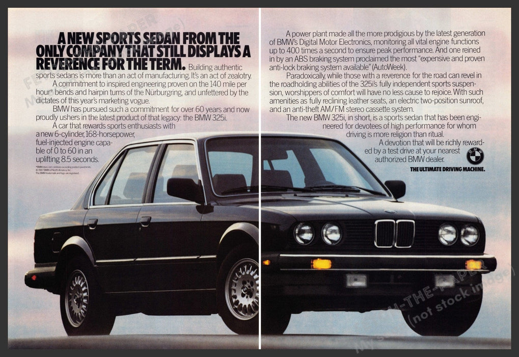 BMW 325i Car 1980s Print Advertisement (2 Page) Ad 1987 Sports Sedan Fetch-the-Paper