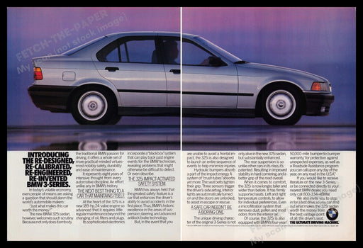 BMW 325i Car 1990s Print Advertisement (2 Page) 1991 Re-invented 3-Series Fetch-the-Paper