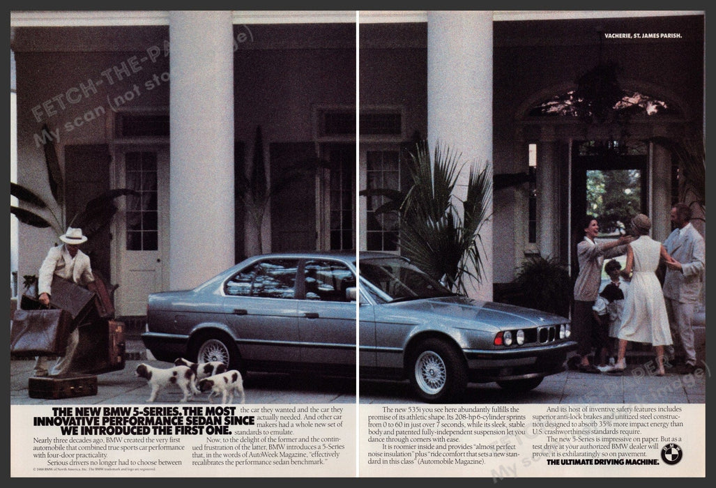 BMW 535i Car 1980s Print Advertisement (2 Page) Ad 1988 Dogs Fetch-the-Paper