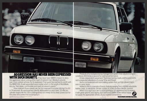 BMW 535i Car 1980s Print Advertisement Ad (2 Pg) 1986 Agression Fetch-the-Paper