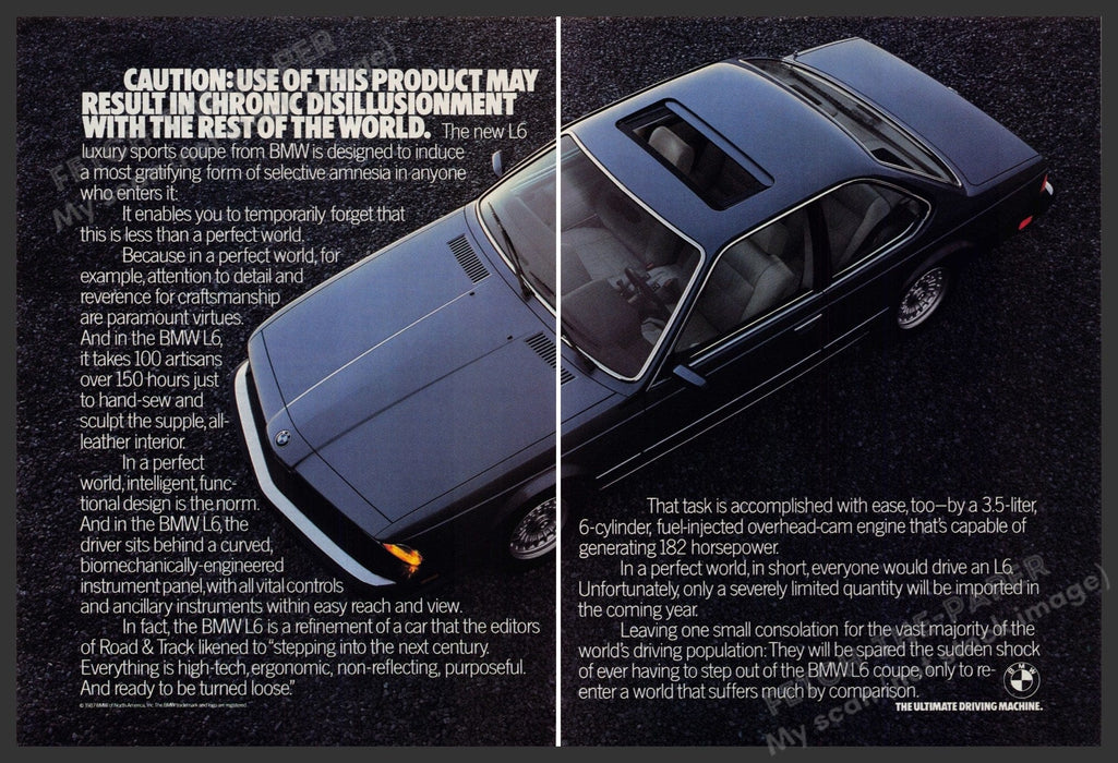 BMW L6 Luxury Sports Coupe Car 1980s Print Advertisement (2 Page) Ad 1987 Fetch-the-Paper