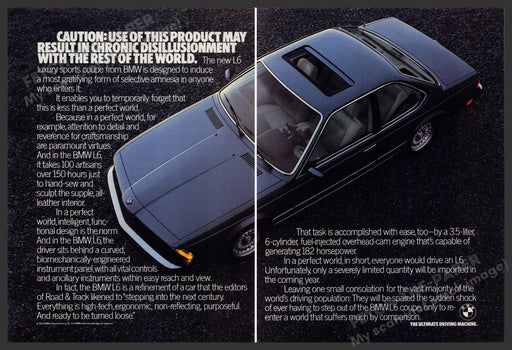 BMW L6 Luxury Sports Coupe Car 1980s Print Advertisement (2 Page) Ad 1987 Fetch-the-Paper