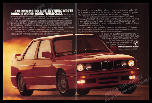 BMW M3 Car 1980s Print Advertisement Ad (2 Page) 1987 "Worth doing fanatically" Fetch-the-Paper