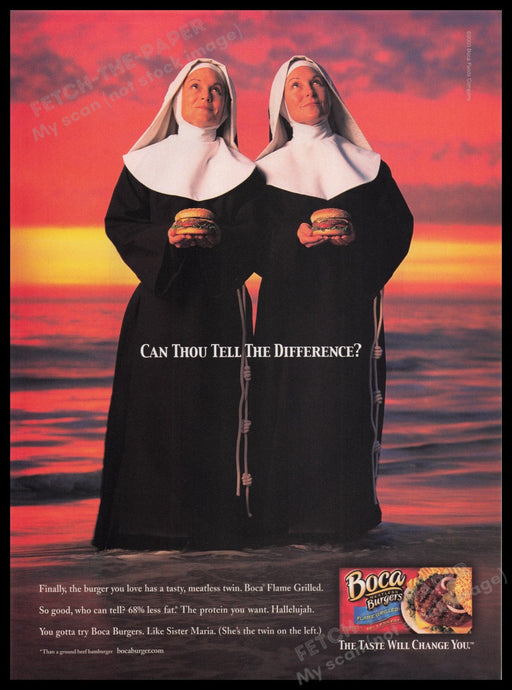 Boca Meatless Burgers 2000s Print Advertisement Ad 2003 Twin Nuns Fetch the Paper!