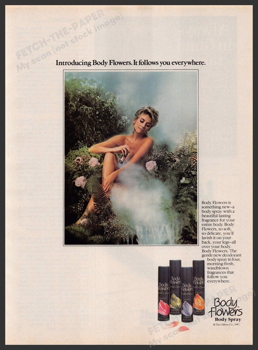 Body Flowers 1980s Print Advertisement 1984 Body Spray Bare Roses Ferns Fetch-the-Paper