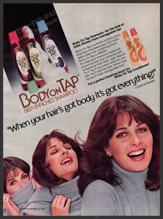 Body on Tap Cristina Ferrare 1980s Print Advertisement 1981 Hair Shampoo Body on Top