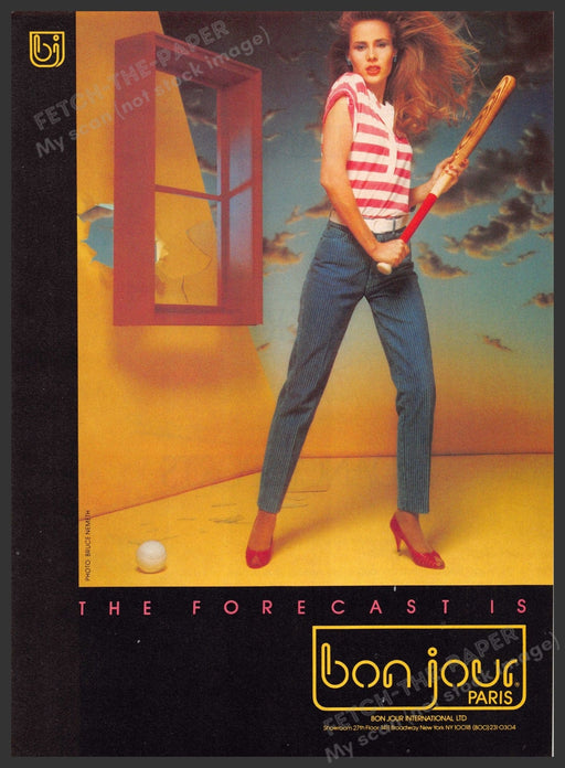 Bon Jour Paris Jeans 1980s Print Advertisement 1983 Baseball Bat Forecast Legs Fetch-the-Paper
