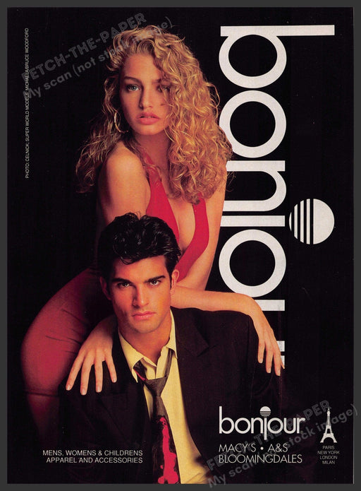 Bonjour 1990s Print Advertisement 1990 Sexy Couple Red Dress Blonde Bonjour