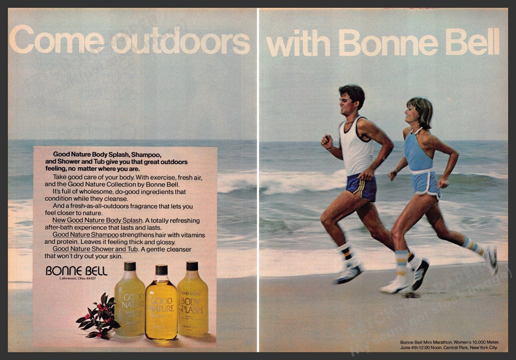 Bonne Bell 1970s Print Advertisement (2 pages) 1977 Good Nature Couple Running Bonne Bell