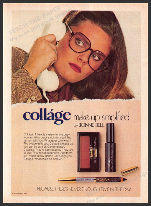 Bonne Bell Collage 1980s Print Advertisement 1982 Young Girl Glasses on Phone Fetch-the-Paper