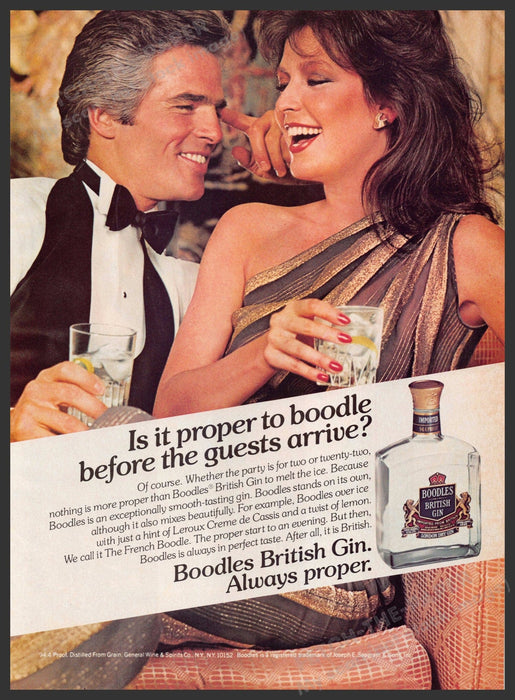 Boodles British Gin 1980s Print Advertisement 1982 "Always proper" Fetch-the-Paper