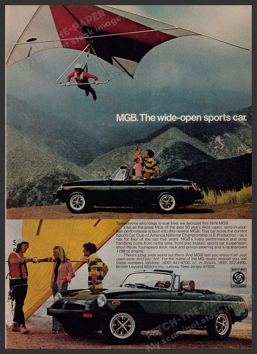 British Leyland MGB Car 1970s Print Advertisement 1976 Hang Glider Fetch-the-Paper