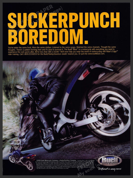 Buell Motorcycle 2000s Print Advertisement Ad 2002 Sucker Punch Boredom Fetch-the-paper.com