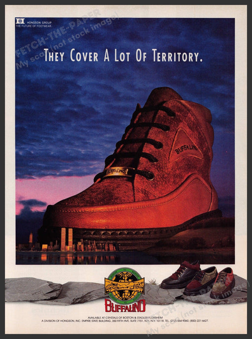 Buffalino Boots Shoes NYC Skyline Twin Towers 1990s Print Advertisement Ad 1990 Fetch-the-Paper