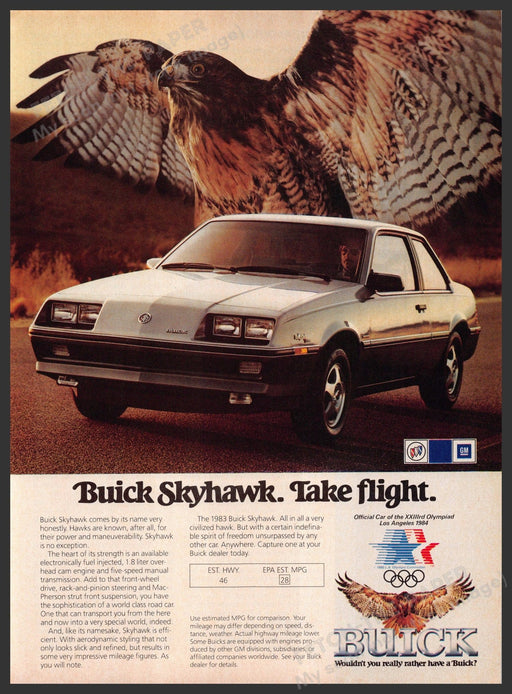 Buick Skyhawk 1980s Print Advertisement 1983 Car Hawk Take Flight Fetch-the-Paper