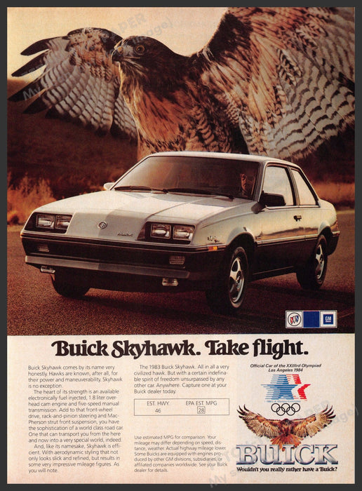 Buick Skyhawk 1980s Print Advertisement 1983 Car Hawk Take Flight Fetch-the-Paper
