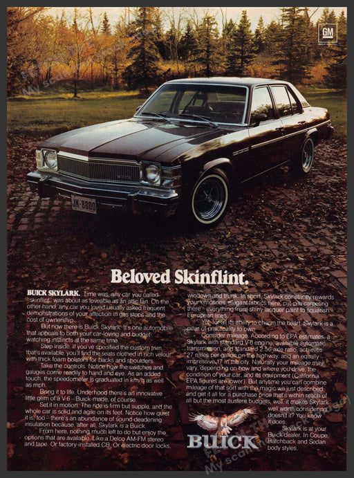 Buick Skylark 1970s Magazine Print Advertisement 1977 "Beloved Skinflint" Buick Skylark