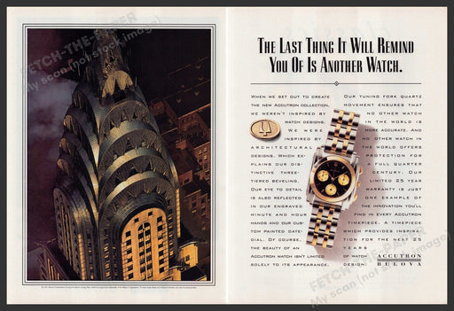Bulova Accutron Collection 1990s Print Advertisement Ad (2 Pg) 1991 Chrysler NYC Fetch-the-Paper