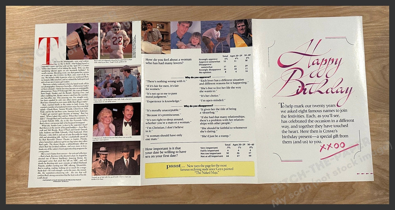 Burt Reynolds 1980s Magazine Fold Out Poster 1985 10.75" x 22" Cosmopolitan Man Burt Reynolds