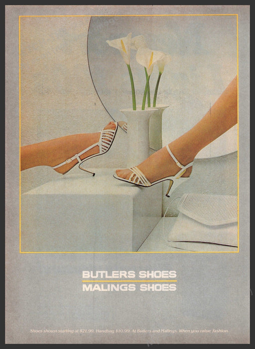 Butlers Malings Shoes 1980s Print Ad 1982 Legs Calalily White Fetch-the-Paper