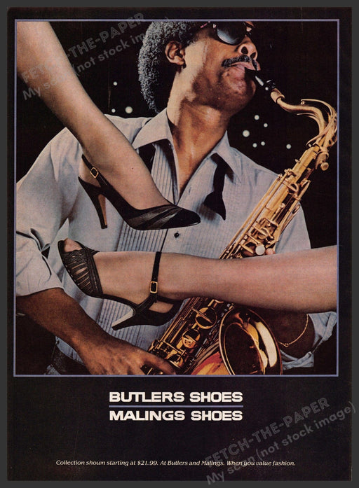 Butlers Malings Shoes 1980s Print Advertisement 1981 Saxophone Musician Fetch-the-Paper