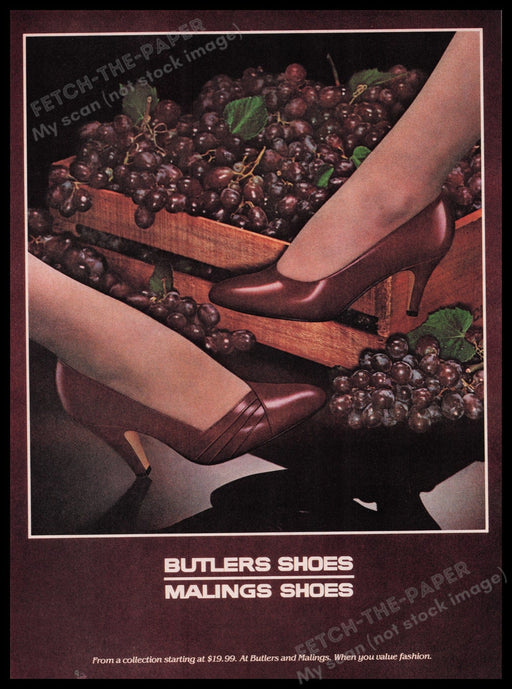 Butlers Malings Shoes 1980s Print Advertisement Ad 1980 Grapes Legs Feet Fetch the Paper!