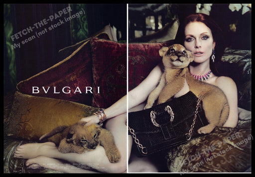 BVLGARI 2010s Print Ad (2 pg) 2010 Julianne Moore Lion Cubs Fetch-the-Paper