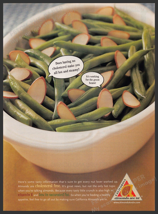 California Almonds 2000s Print Advertisement 2002 Hot and Steamy Green Beans Fetch-the-Paper