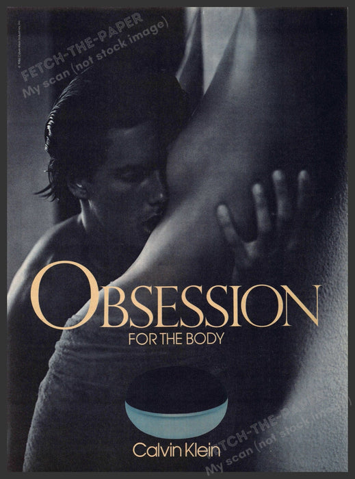 Calvin Klein 1980s Print Advertisement 1986 Obsession for the Body Bare Top Fetch-the-Paper