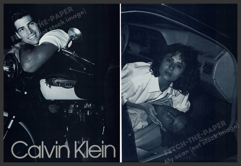 Calvin Klein 1980s Print Advertisement (2pg) 1986 Triumph Motorcycle Bruce Weber Fetch-the-Paper