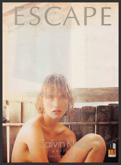 Calvin Klein Escape Bare 1990s Print Advertisement 1995 Wet Hair Model Fetch-the-Paper
