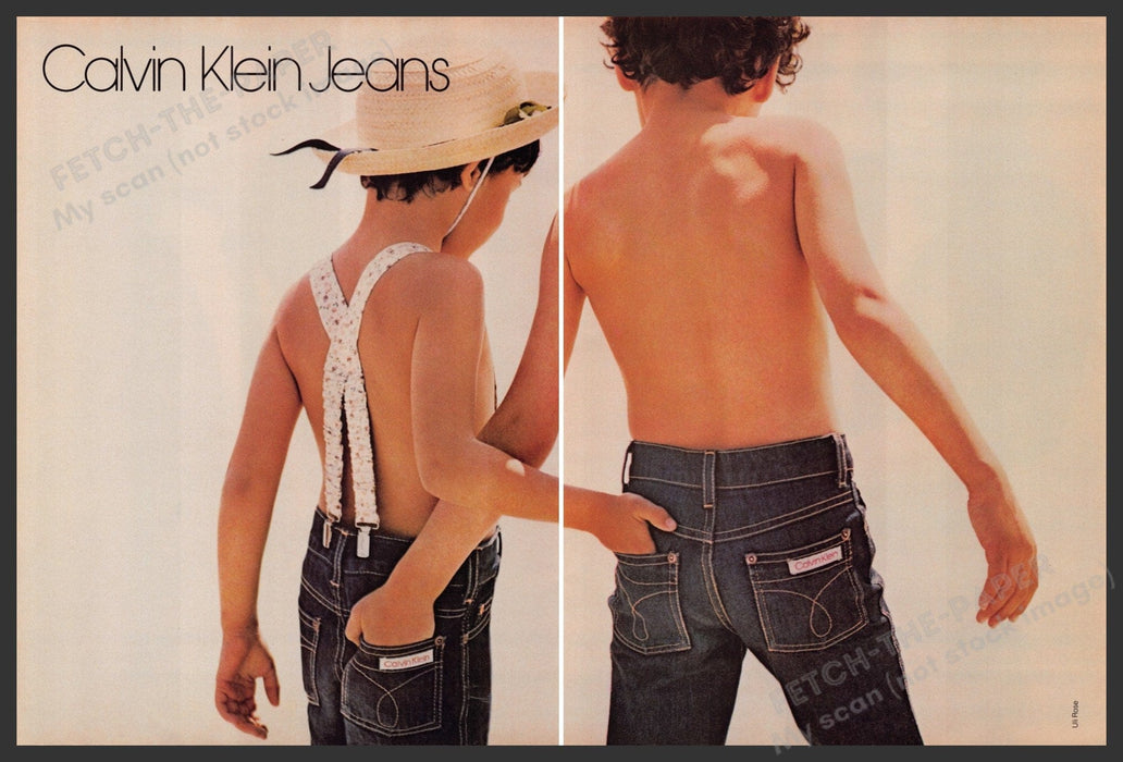 Calvin Klein Jeans 1970s Print Advertisement Ad (2 Page) 1979 Kids Suspenders Fetch-the-Paper