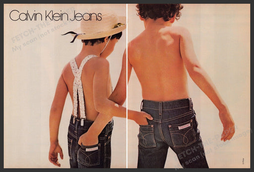 Calvin Klein Jeans 1970s Print Advertisement Ad (2 Page) 1979 Kids Suspenders Fetch-the-Paper