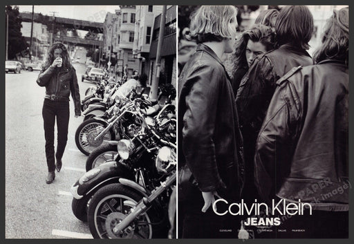 Calvin Klein Jeans 1990s Print Advertisement (2 Page) Ad 1992 Motorcycle Group Fetch-the-Paper