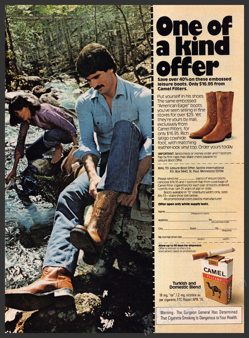 Camel 1970s Magazine Print Advertisement 1977 Boots Offer American Eagle Camel