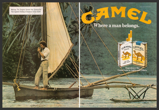 Camel Cigarettes 1980s Magazine Print Advertisement (2 pgs) 1982 Wooden Sailboat Camel