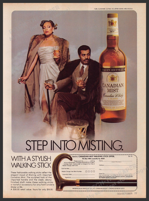 Canadian Mist Walking Stick 1970s Print Advertisement Ad 1979 Step into misting Fetch-the-Paper