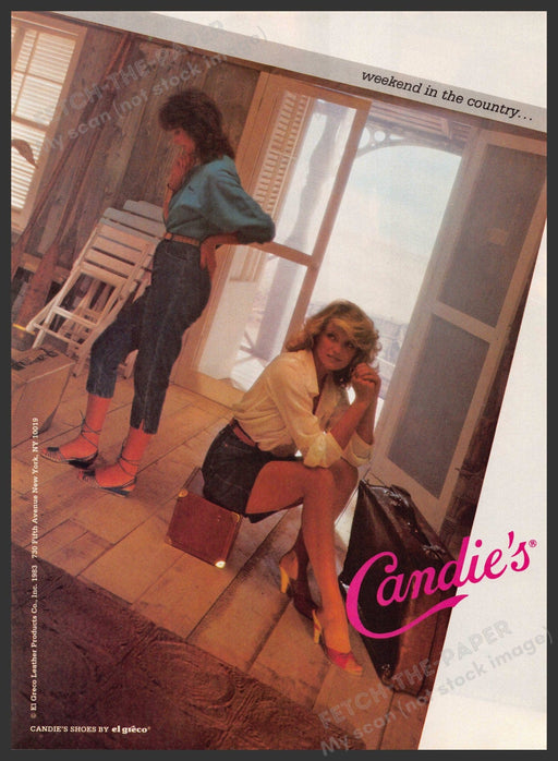 Candie's Shoes 1980s Print Advertisement 1983 Legs Girl "Weekend in the Country" Fetch-the-Paper