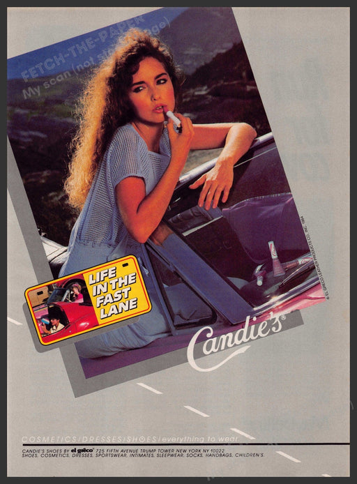 Candie's Shoes 1980s Print Advertisement 1984 "Life in the fast lane" Lipstick Fetch-the-Paper
