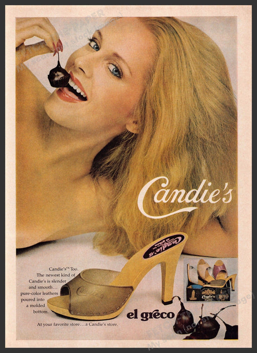 Candie's Too 1970s Print Advertisement 1979 Shoes Woman Eating Cherry Fetch-the-Paper