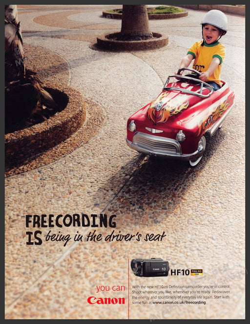 Canon HF10 Camcorder 2000s Print Advertisement Ad 2008 Toddler in Pedal Car Fetch-the-Paper